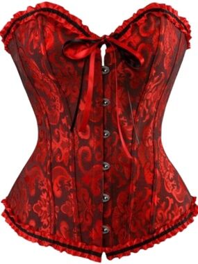 Women's Red Lace Up Boned Overbust Corset Bustier Top Size L